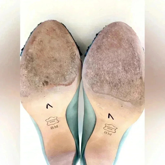 Miss Albright Bijou Teal Blue Satin & Beaded Sequin Rhinestone Cap Toe Heels - Picture 14 of 16